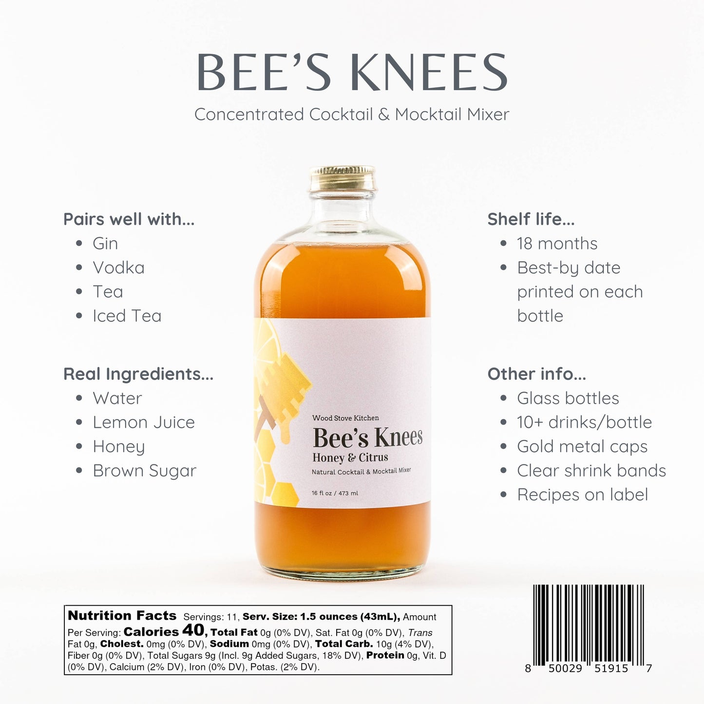 Bee's Knees Cocktail and Mocktail Mixer, 16 fl oz