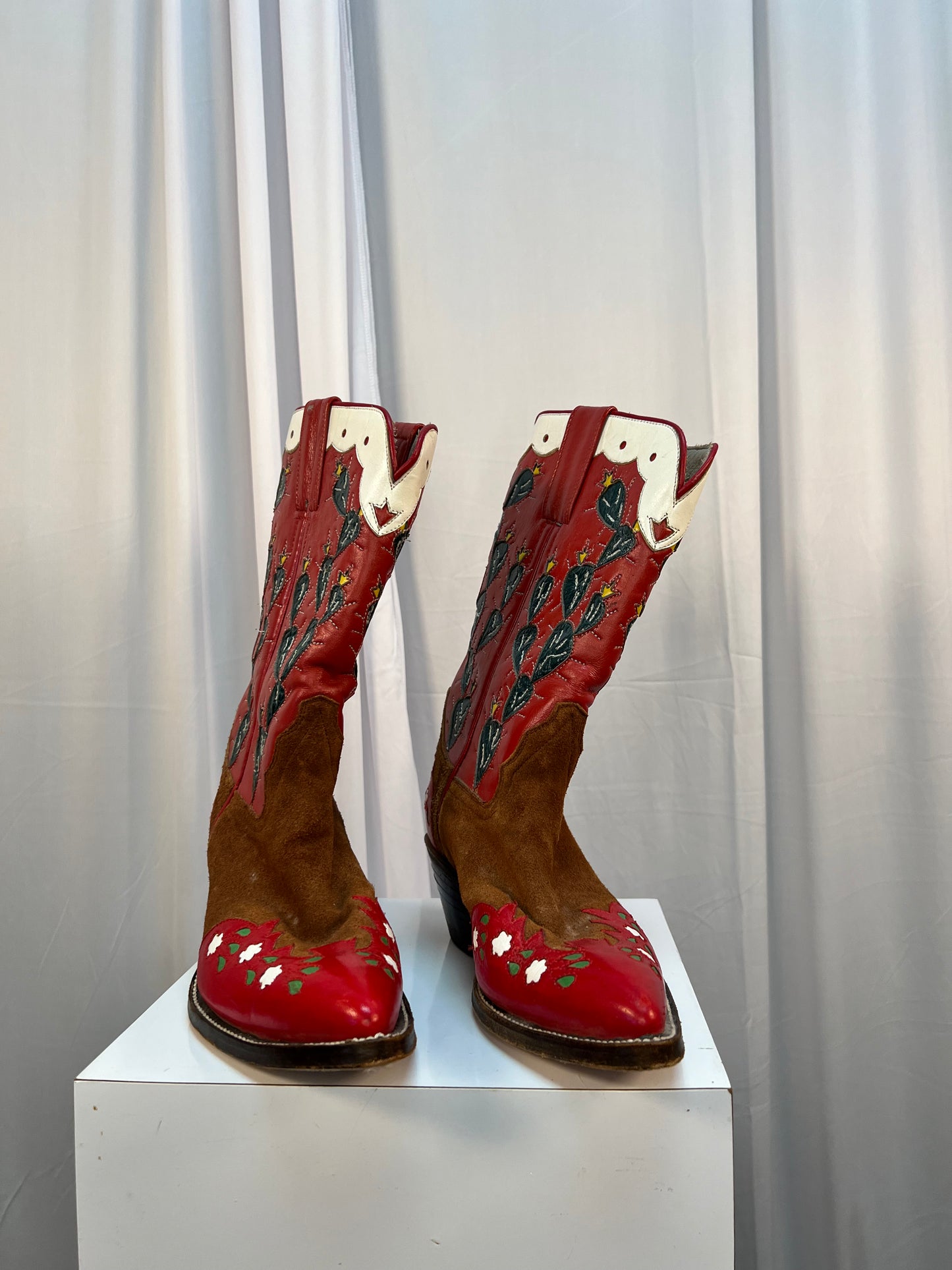 Red Western Boots With Green Cactus Design by Santa Fe Boot Co.