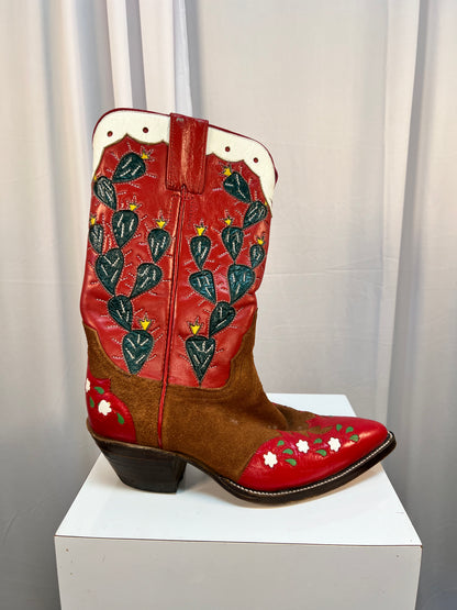 Red Western Boots With Green Cactus Design by Santa Fe Boot Co.