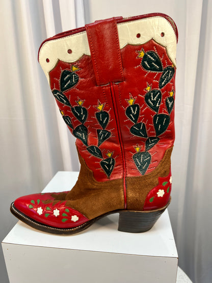 Red Western Boots With Green Cactus Design by Santa Fe Boot Co.